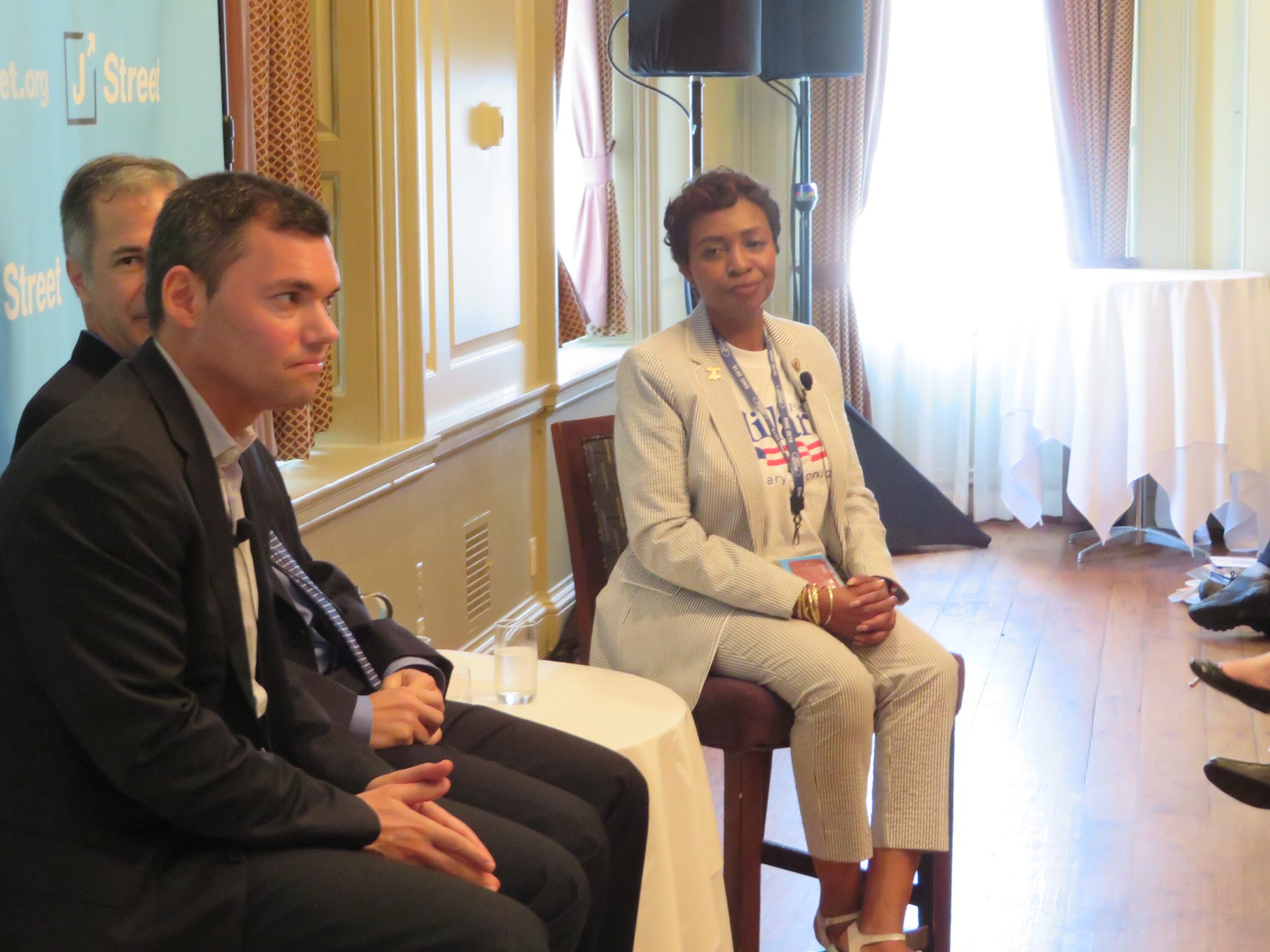 Rep. Yvette Clarke, D-N.Y., speaks Tuesday July 26 at a J Street panel near the Democratic National Convention. At left is Peter Beinart.