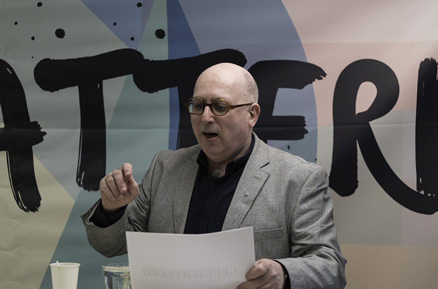 Michel Waterman, director of the Crescas Dutch Jewish cultural group, during a debate at the Crescas offices in Amsterdam on April 5, 2016. (Photo Courtesy of Crescas)