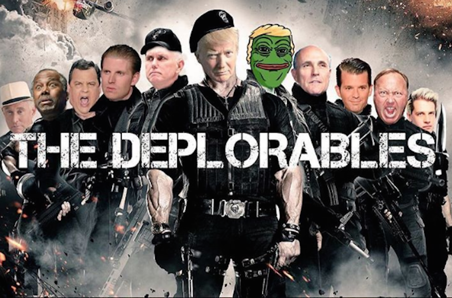 A movie poster parody posted on Instagram on Sept. 11 2016 by Donald Trump Jr. and including Trump Jr., third from right, his father, Republican nominee Donald Trump, and Pepe the Frog, a symbol adopted by white supremacists. (Screenshot from Instagram)