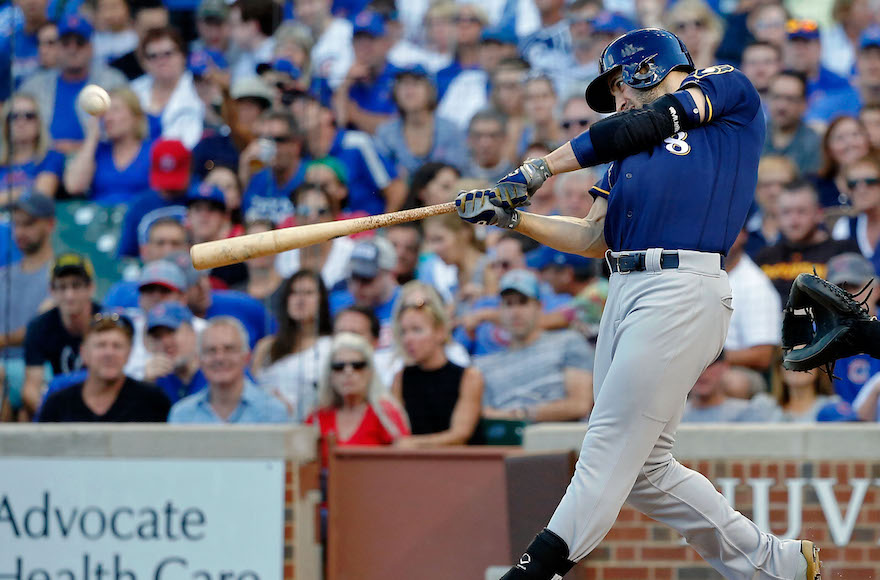 Ryan Braun hitting a home run against the Chicago Cubs in a game at Wrigley Field in Chicago, Sept. 17, 2016. (Jon Durr/Getty Images)